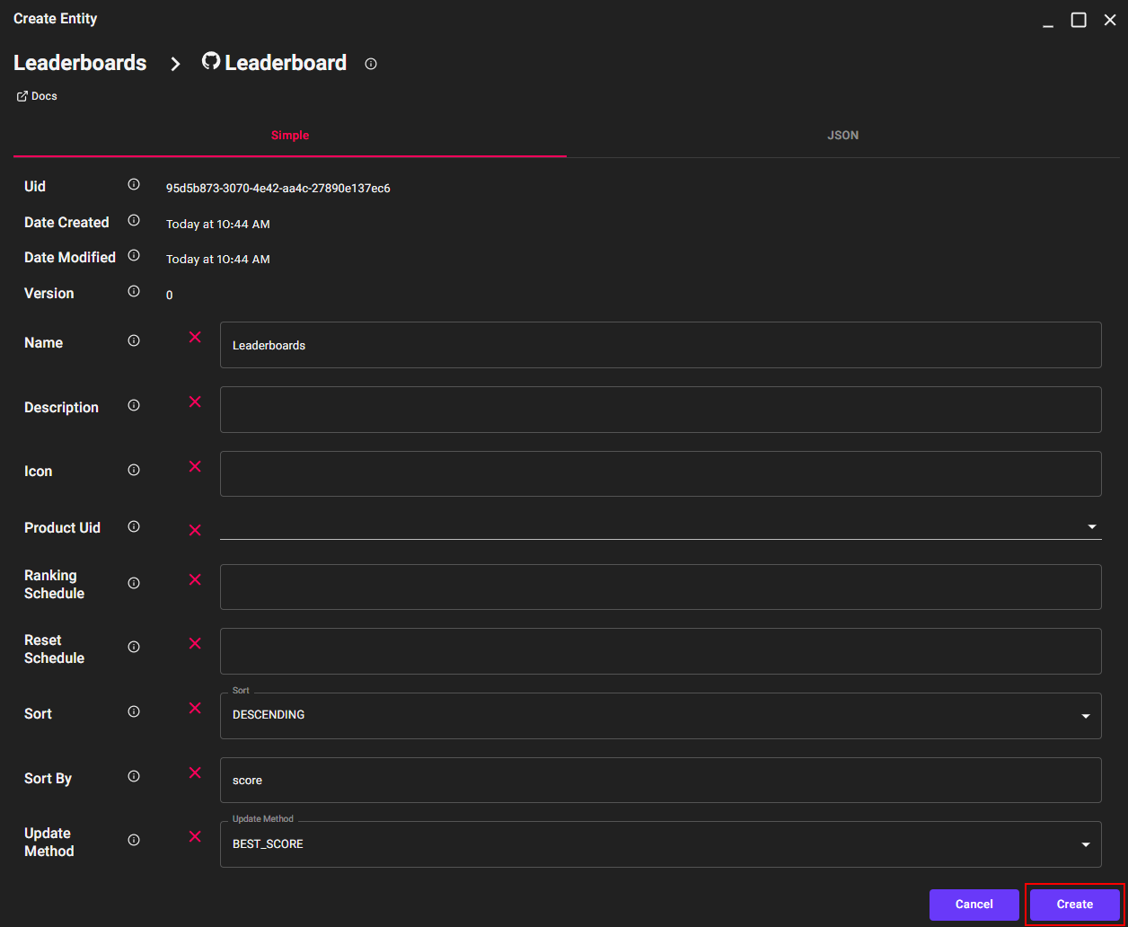 Leaderboards Admin Console - Create Window - Create